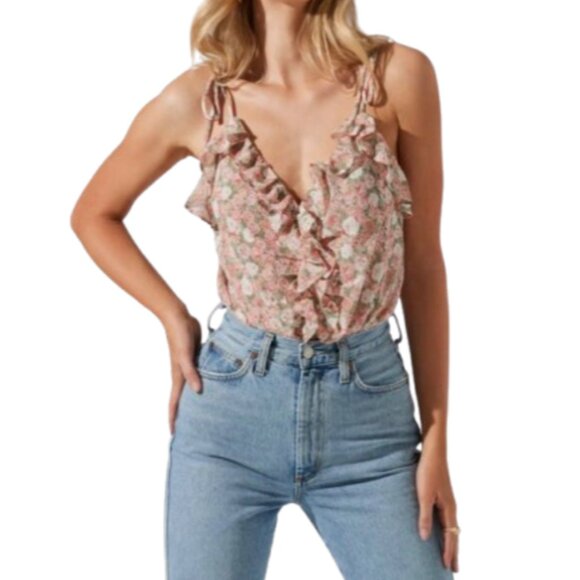 ASTR Tie Strap Ruffle Bodysuit In Blush Multi Floral Size Medium - Picture 1 of 7